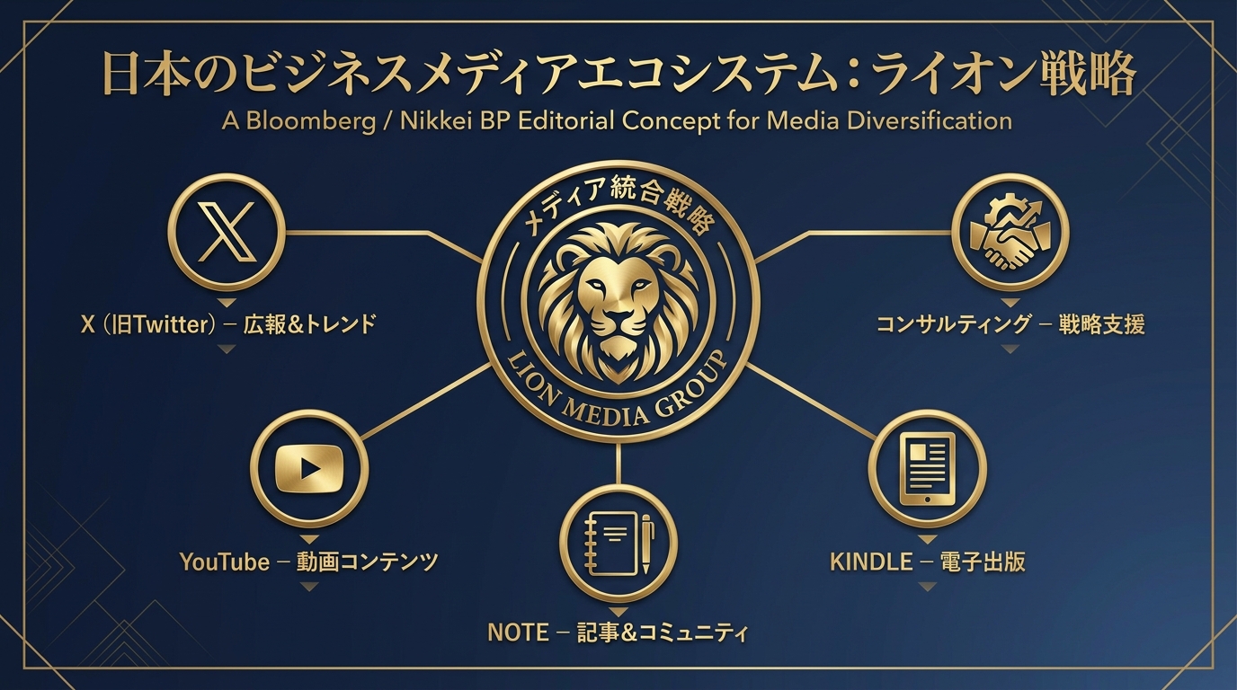 らいおん先生の発信媒体マップ。X・YouTube・note・Kindle・DOCsの関係図